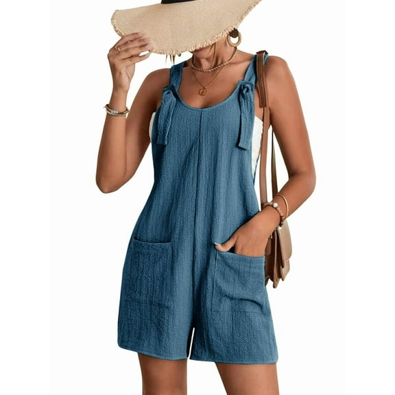 Women'S Summer Fashionable Short Jumpsuits, Casual Sleeveless Jumpsuits with Pockets Sea Blue S