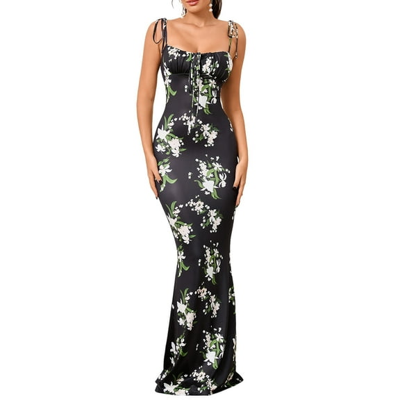 Women'S Summer Floral Bodycon Maxi Dress Spaghetti Strap Sleeveless Bohemian Maxi Dress Lily Of The Valley XS
