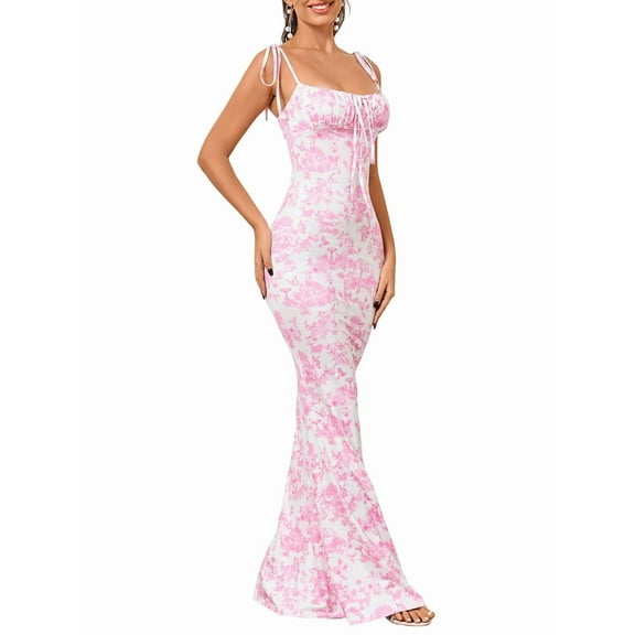 Women'S Summer Floral Bodycon Maxi Dress Spaghetti Strap Sleeveless Bohemian Maxi Dress Pink S