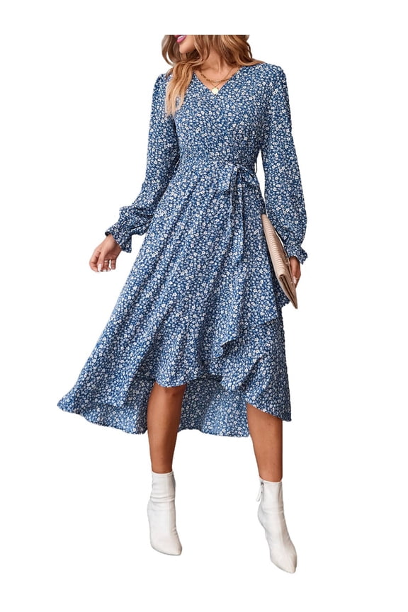 Women'S Summer Floral Boho Maxi Dress Wrap Long Sleeve V Neck Ruffle A-Line Flowy Wedding Guest Long Dresses Blue XXL