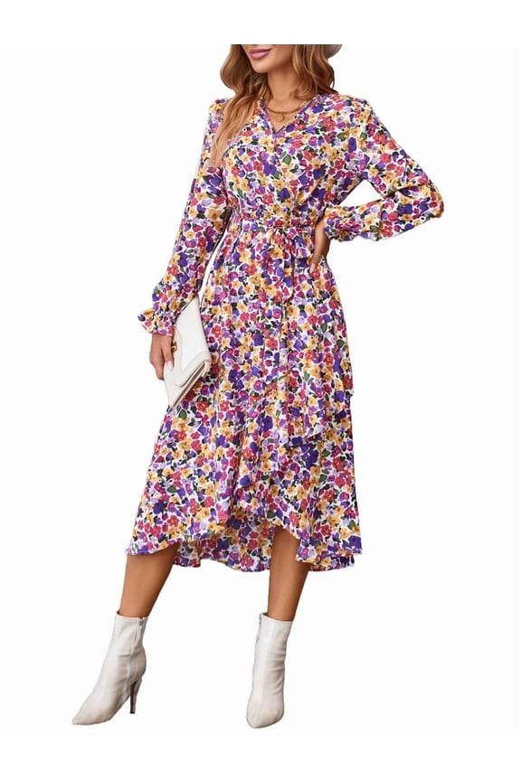 Women'S Summer Floral Boho Wrap Long Sleeve V Neck Ruffle A-Line Flowy Wedding Guest Long Dresses