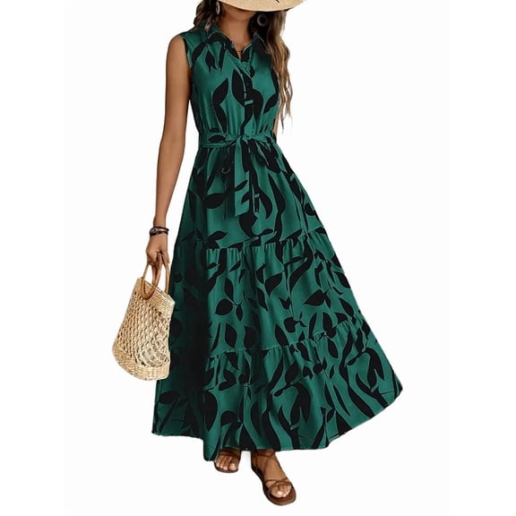 Women'S Summer Floral Maxi Dress Button Up Collar Tie Waist Tiered Ruffle Sleeveless Boho Dresses Green XL