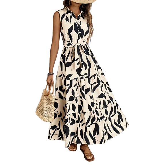 Women'S Summer Floral Maxi Dress Button Up Collar Tie Waist Tiered Ruffle Sleeveless Boho Dresses L