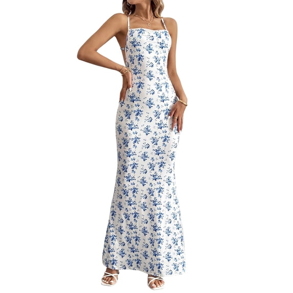 Women'S Summer Floral Maxi Dress Square Neck Mesh Ruched Bodycon Formal Wedding Guest Long Dresses White L