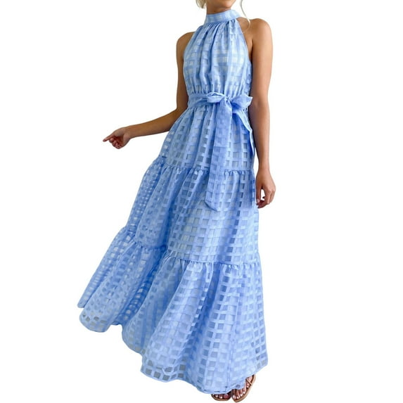 Women'S Summer Floral Maxi Sun Dress Sleeveless Halter Neck Flowy Ruffle Hem Long Boho Dresses with Belt Blue XL