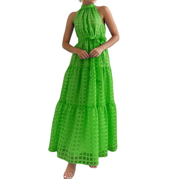 Women'S Summer Floral Maxi Sun Dress Sleeveless Halter Neck Flowy Ruffle Hem Long Boho Dresses with Belt Green XL