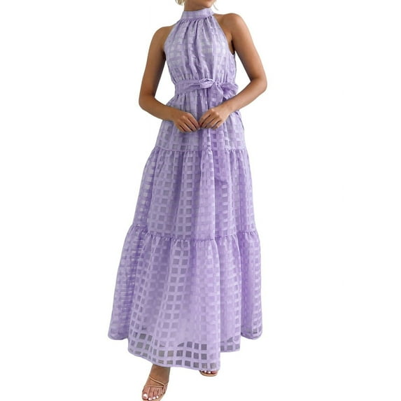 Women'S Summer Floral Maxi Sun Dress Sleeveless Halter Neck Flowy Ruffle Hem Long Boho Dresses with Belt L
