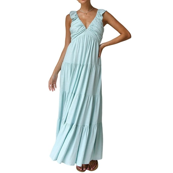 Women'S Summer Flowy Maxi Dress Casual Sleeveless V Neck Smocked Beach Sundress Light Blue XL