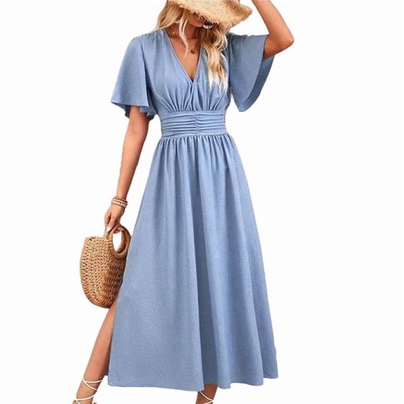 Women'S Summer Flowy Midi Dress Casual V Neck Short Sleeve Waist Boho Beach Dress Wedding Guest Maxi Dress Light Blue L