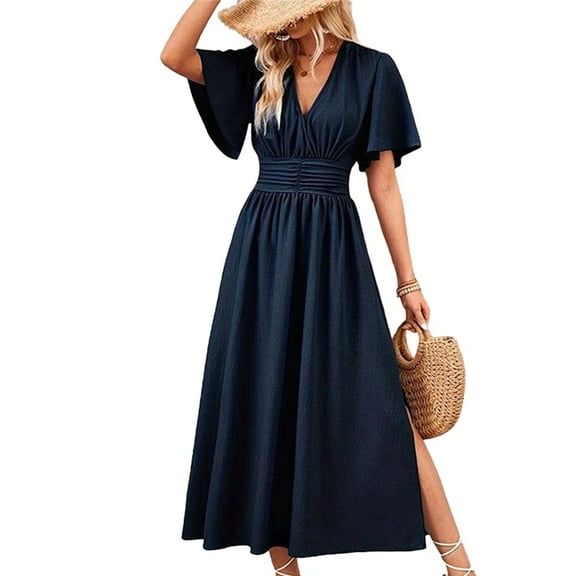 Women'S Summer Flowy Midi Dress Casual V Neck Short Sleeve Waist Boho Beach Dress Wedding Guest Maxi Dress Navy Blue M
