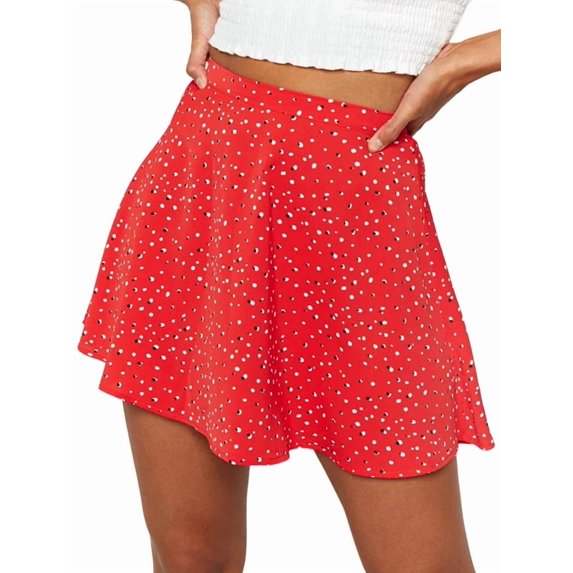 Women'S Summer Flowy Mini Skirt Basic Casual High Waisted Flared Mini Beach Skirts Red S