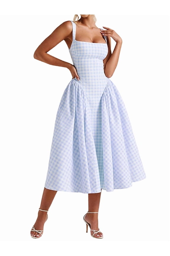 Women'S Summer Gingham Long Dress Corset Square Neck Lace Up Backless Casual Sundress Blue L
