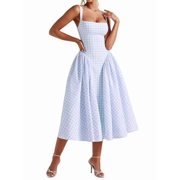 Women'S Summer Gingham Long Dress Corset Square Neck Lace Up Backless Casual Sundress Blue M