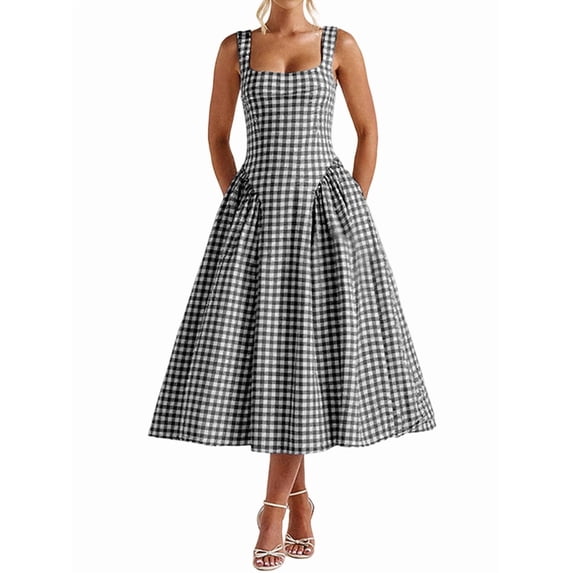 Women'S Summer Gingham Long Dress Corset Square Neck Lace Up Backless Casual Sundress