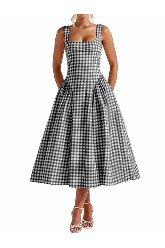 Women'S Summer Gingham Long Dress Corset Square Neck Lace Up Backless Casual Sundress