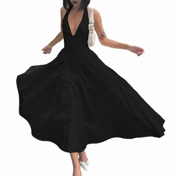 Women'S Summer Halter Dress Low Cut Sleeveless A Line Tulle Swing Corset Prom Formal Ball Gowns Black XL
