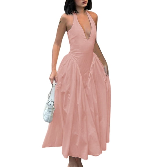 Women'S Summer Halter Dress Low Cut Sleeveless A Line Tulle Swing Corset Prom Formal Ball Gowns Pink XL