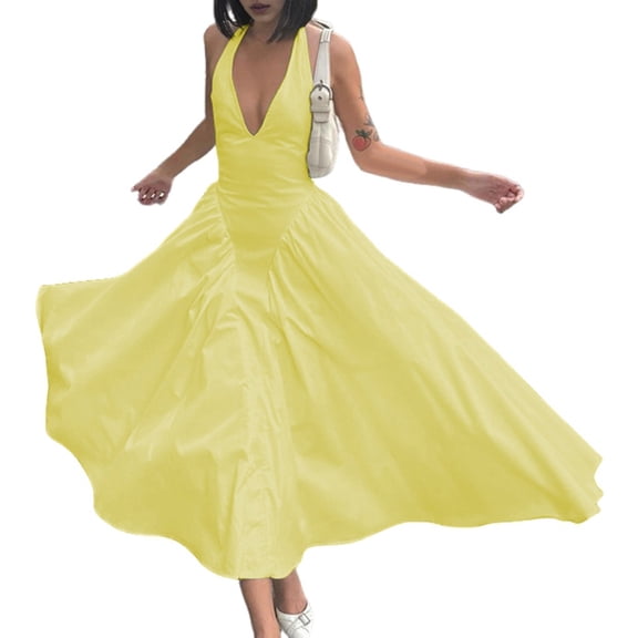 Women'S Summer Halter Dress Low Cut Sleeveless A Line Tulle Swing Corset Prom Formal Ball Gowns Yellow S