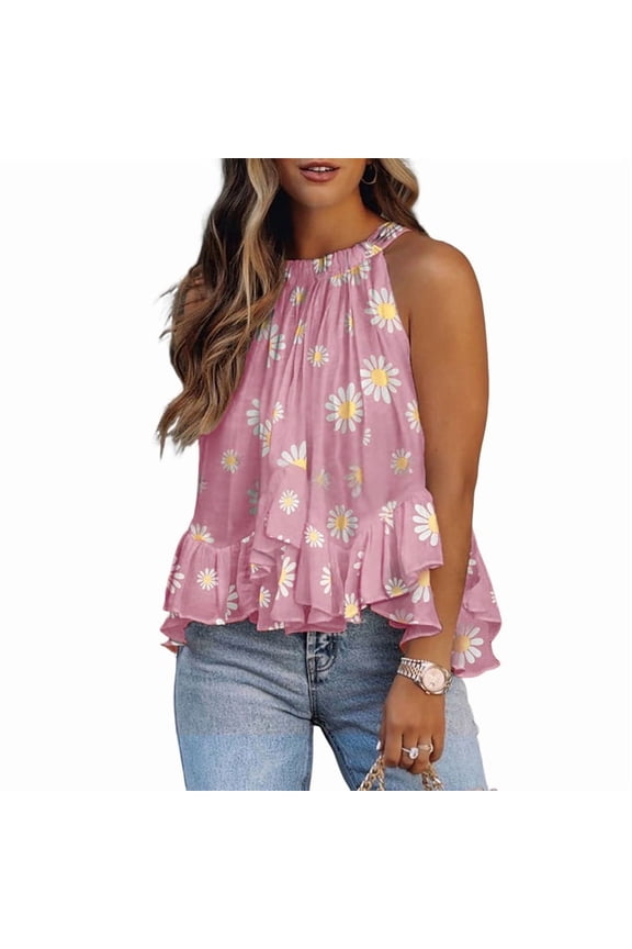 Women'S Summer Halter Neck Smocked Sleeveless Irregular Ruffled Blouse Tank Shirt Pink L