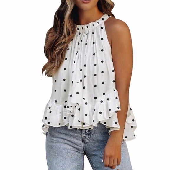 Women'S Summer Halter Neck Smocked Sleeveless Irregular Ruffled Blouse Tank Shirt Polka Dots XL