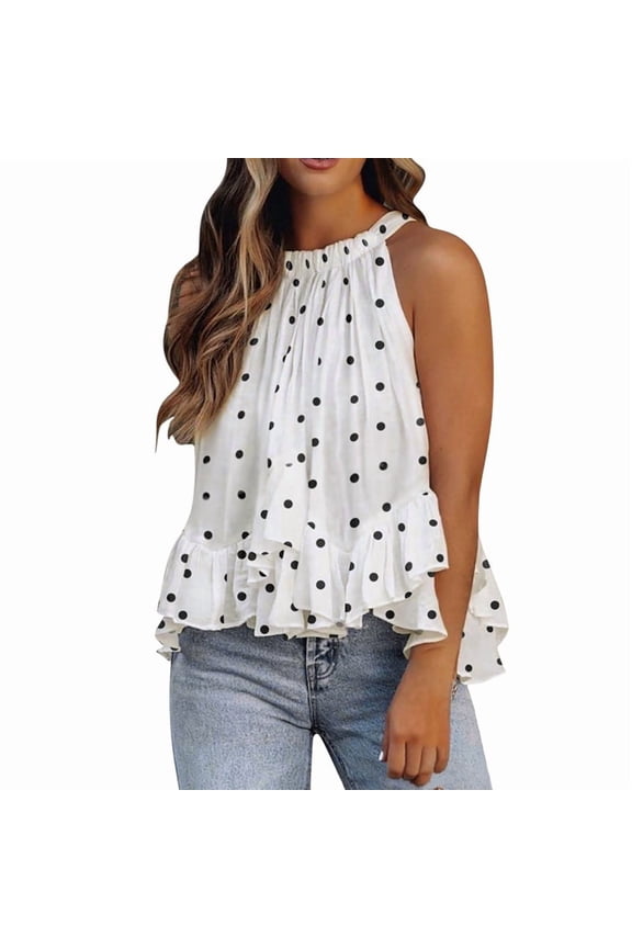 Women'S Summer Halter Neck Smocked Sleeveless Irregular Ruffled Blouse Tank Shirt Polka Dots XXL