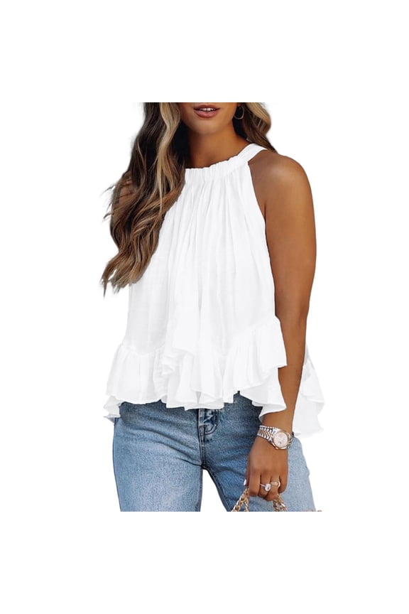 Women'S Summer Halter Neck Smocked Sleeveless Irregular Ruffled Blouse Tank Shirt White L