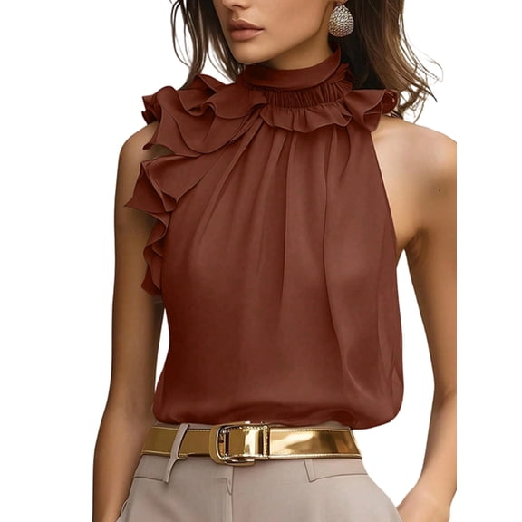 Women'S Summer Halter Tops Floral Appliques Sleeveless Work Shirts Blouses for Women Dressy Casual Brown XL