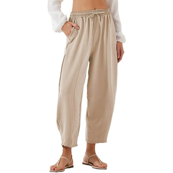 Women'S Summer High Waisted Baggy Pants Casual Ankle Length Trouser Slacks with Pockets Apricot M