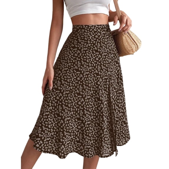 Women'S Summer High Waisted Flowy Slit Midi Skirts Casual Boho Floral Beach Skirt Brown M
