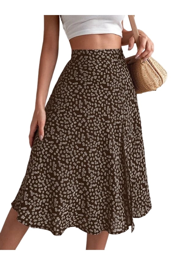 Women'S Summer High Waisted Flowy Slit Midi Skirts Casual Boho Floral Beach Skirt Brown XXL