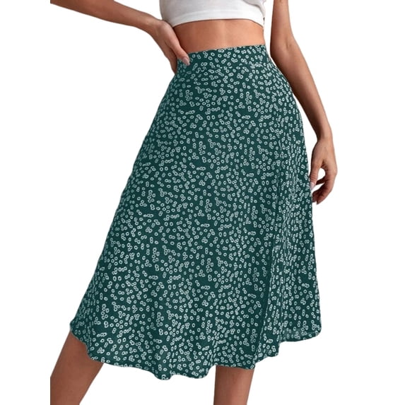 Women'S Summer High Waisted Flowy Slit Midi Skirts Casual Boho Floral Beach Skirt Green M