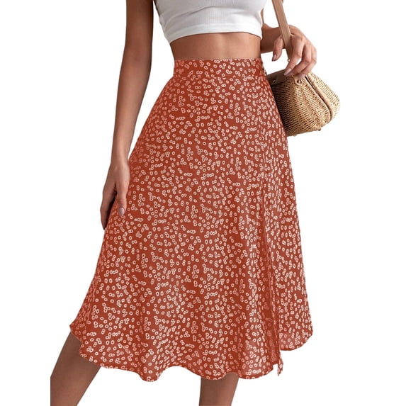 Women'S Summer High Waisted Flowy Slit Midi Skirts Casual Boho Floral Beach Skirt Orange L
