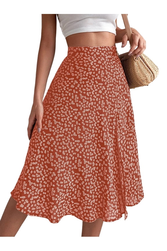 Women'S Summer High Waisted Flowy Slit Midi Skirts Casual Boho Floral Beach Skirt Orange M