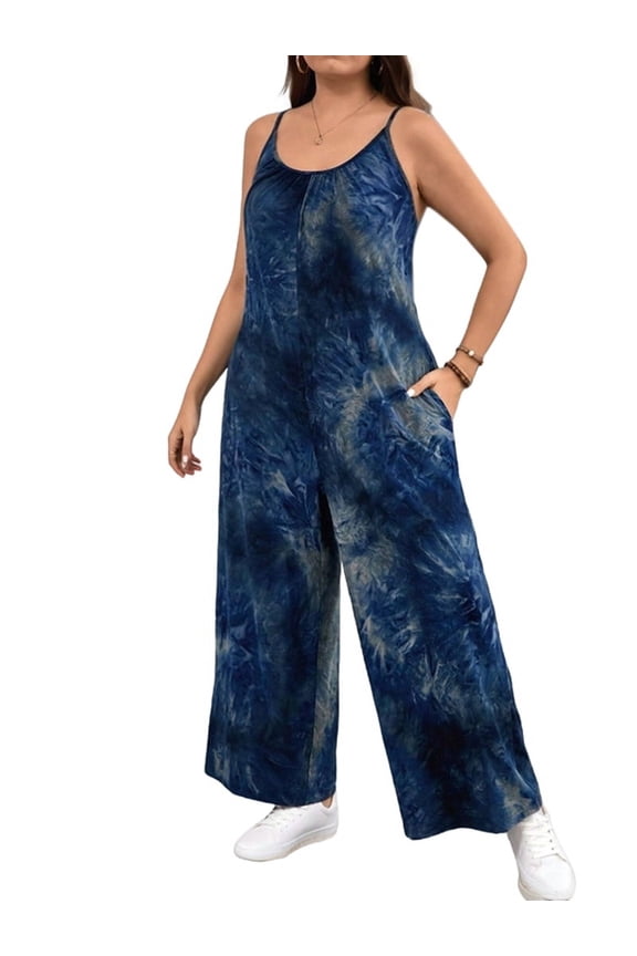 Women'S Summer Jumpsuits Boho Wide Leg Overalls Casual Loose Rompers with Pockets Dark Blue XL