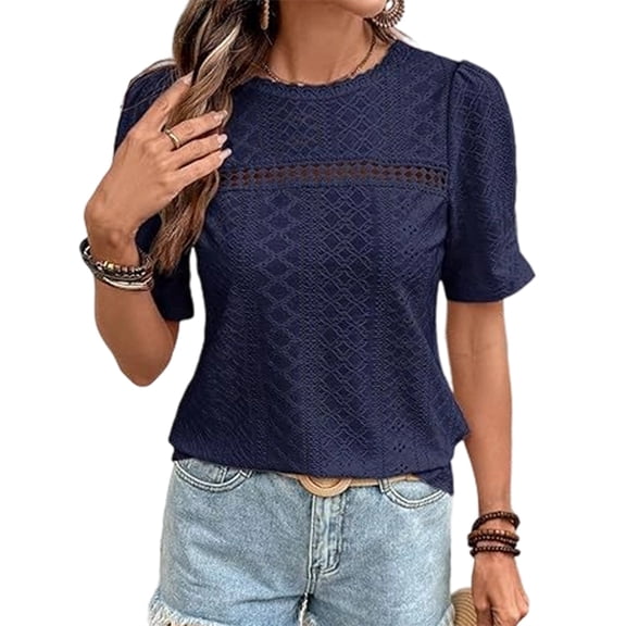 Women'S Summer Lace Trim See Through Blouse Round Neck Short Sleeve Fashion Casual Top Navy Blue S