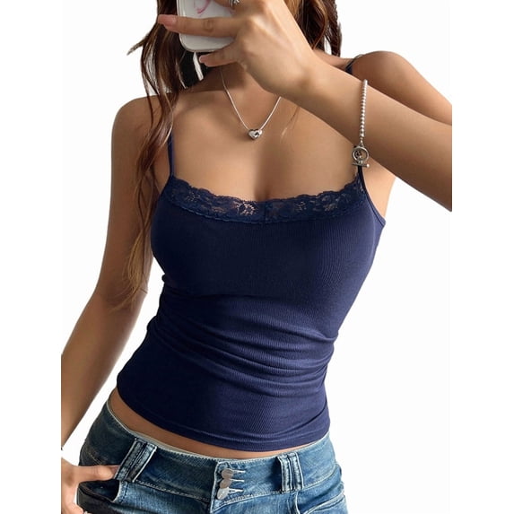 Women'S Summer Lace Trim Tops Spaghetti Strap Low Cut Ribbed Crop Tank Tops Y2K Going Out Navy Blue XL