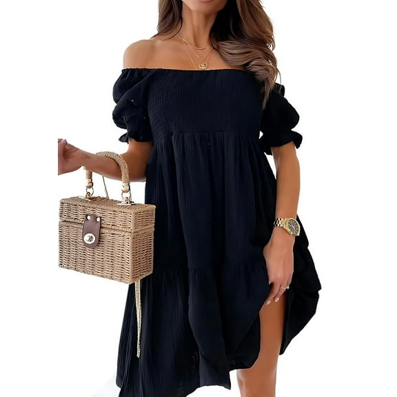 Women'S Summer Lantern Sleeves Ruffled Off Shoulder A-Line Dresses Black XXL