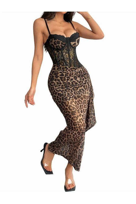 Women'S Summer Leopard Print Off Shoulder Dress, Waist Bodycon Long, Mesh Layers Brown M