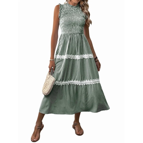 Women'S Summer Long Dress Casual Boho Striped Sleeveless Smocked Tiered Ruffle Sundress Dark Green S