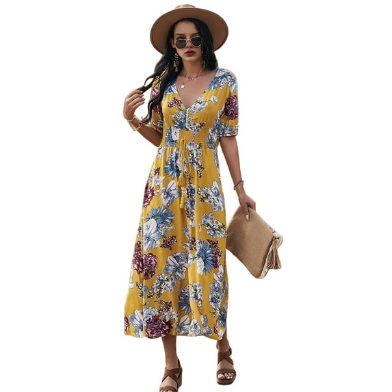 Women'S Summer Loose Boho Flowy Wrap V Neck Short Sleeve Floral Print Slit Beach Long Maxi Dresses Yellow M