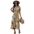 thumbnail image 1 of Women'S Summer Loose Boho Flowy Wrap V Neck Short Sleeve Floral Print Slit Beach Long Maxi Dresses Yellow XL, 1 of 9