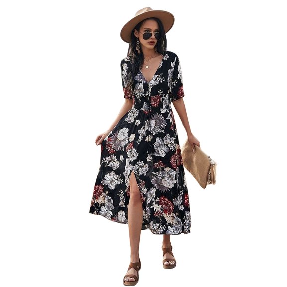 Women'S Summer Loose Boho Flowy Wrap V Neck Short Sleeve Floral Print Slit Beach Wedding Guest Long Maxi Dresses Black M
