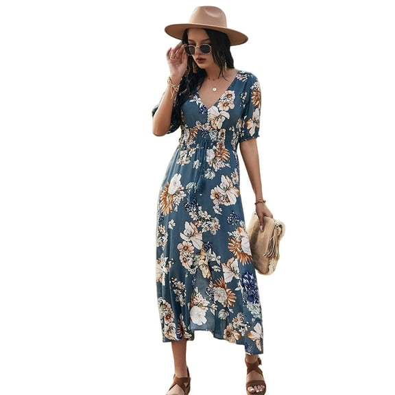 Women'S Summer Loose Boho Flowy Wrap V Neck Short Sleeve Floral Print Slit Beach Wedding Guest Long Maxi Dresses Blue M
