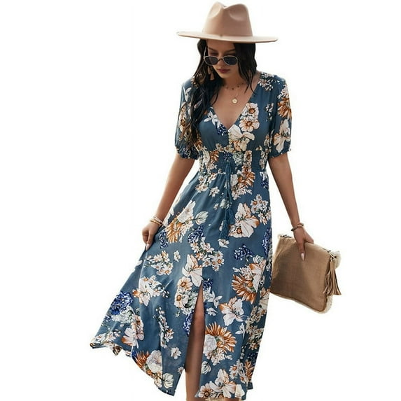 Women'S Summer Loose Boho Flowy Wrap V Neck Short Sleeve Floral Print Slit Beach Wedding Guest Long Maxi Dresses Blue S