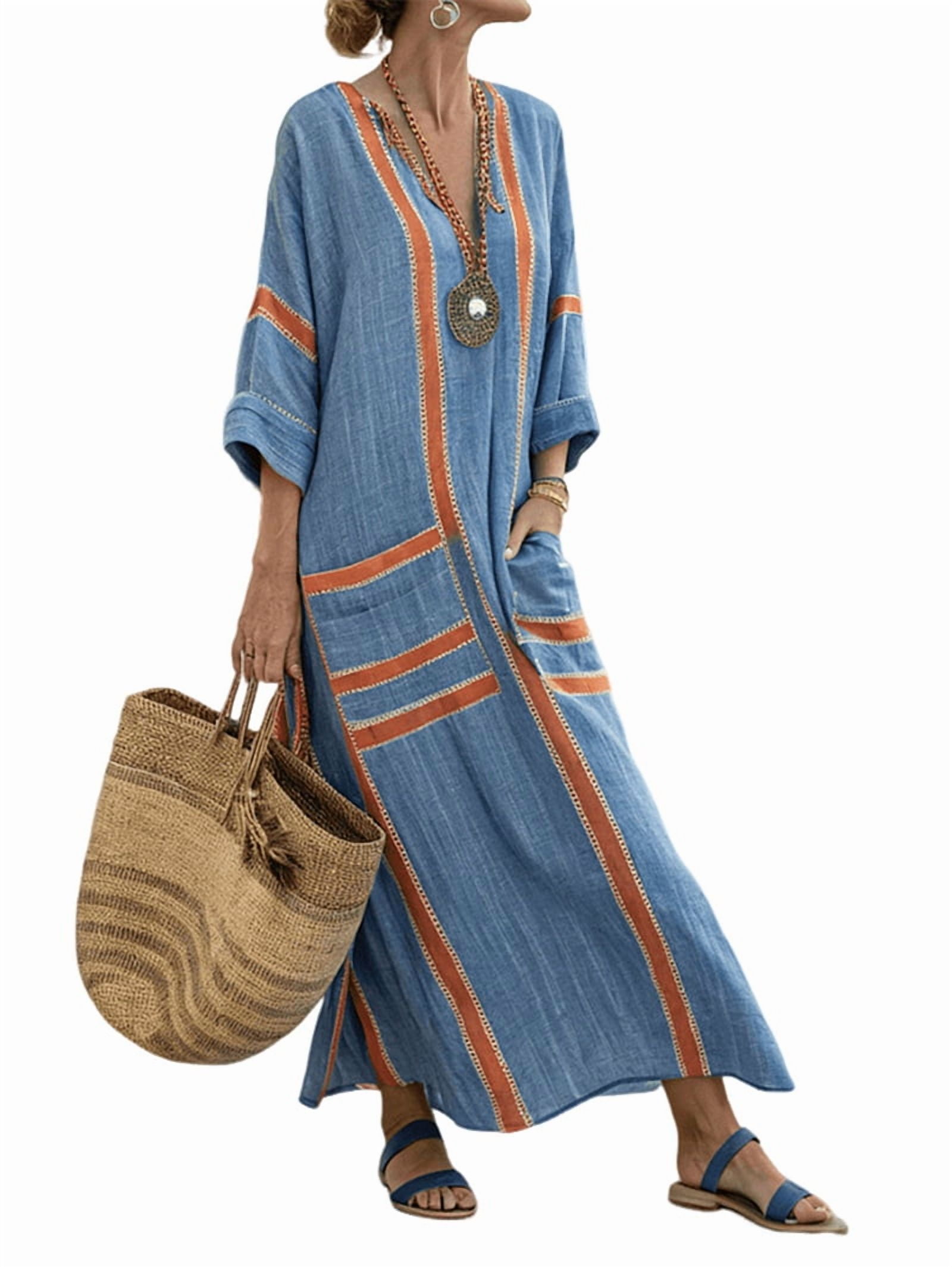 Women'S Summer Loose Oversized Cotton Linen Dress V Neck Boho Color Block  Long Kaftan with Split Blue S - Walmart.com