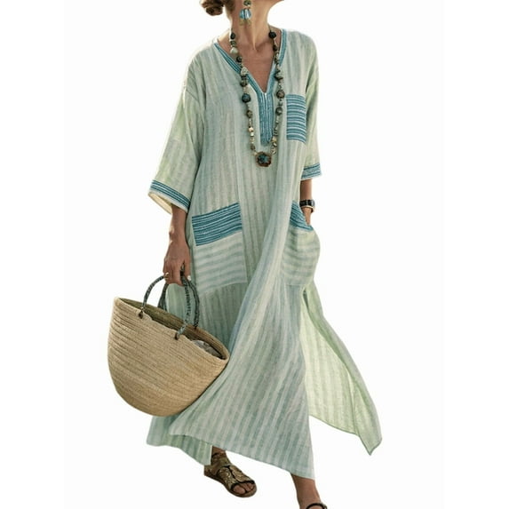 Women'S Summer Loose Oversized Cotton Linen Dress V Neck Boho Color Block Long Kaftan with Split Green M