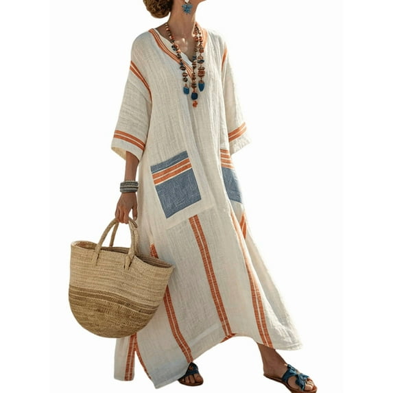 Women'S Summer Loose Oversized Cotton Linen Dress V Neck Boho Color Block Long Kaftan with Split Orange L
