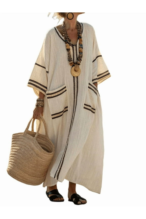 Women'S Summer Loose Oversized Cotton Linen Dress V Neck Boho Color Block Long Kaftan with Split XL