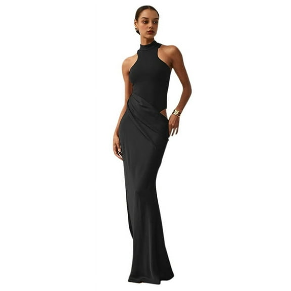 Women'S Summer Lounge Tank Long Dress Elegant Sleeveless Halter Neck Bodycon Maxi Dresses Black S