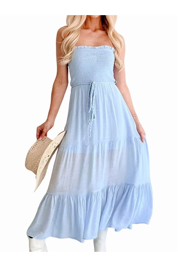 Women'S Summer Maxi Dress Casual Bohemian Style Backless Bandeau Ruffled Multi-Layered Long Beach Sundress Light Blue S